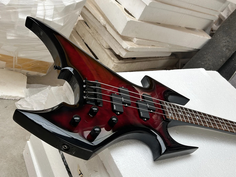 Unusual Shape Black Red 4 Strings Electric Bass Guitar Rosewood Fretboard
