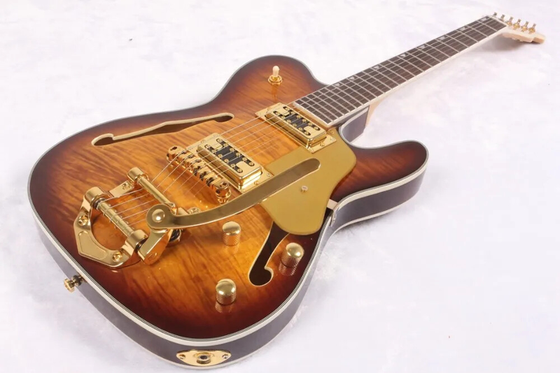 Flame Maple Top Sunburst Electric Guitar Semi Hollow Body Gold Sparkle Pickguard