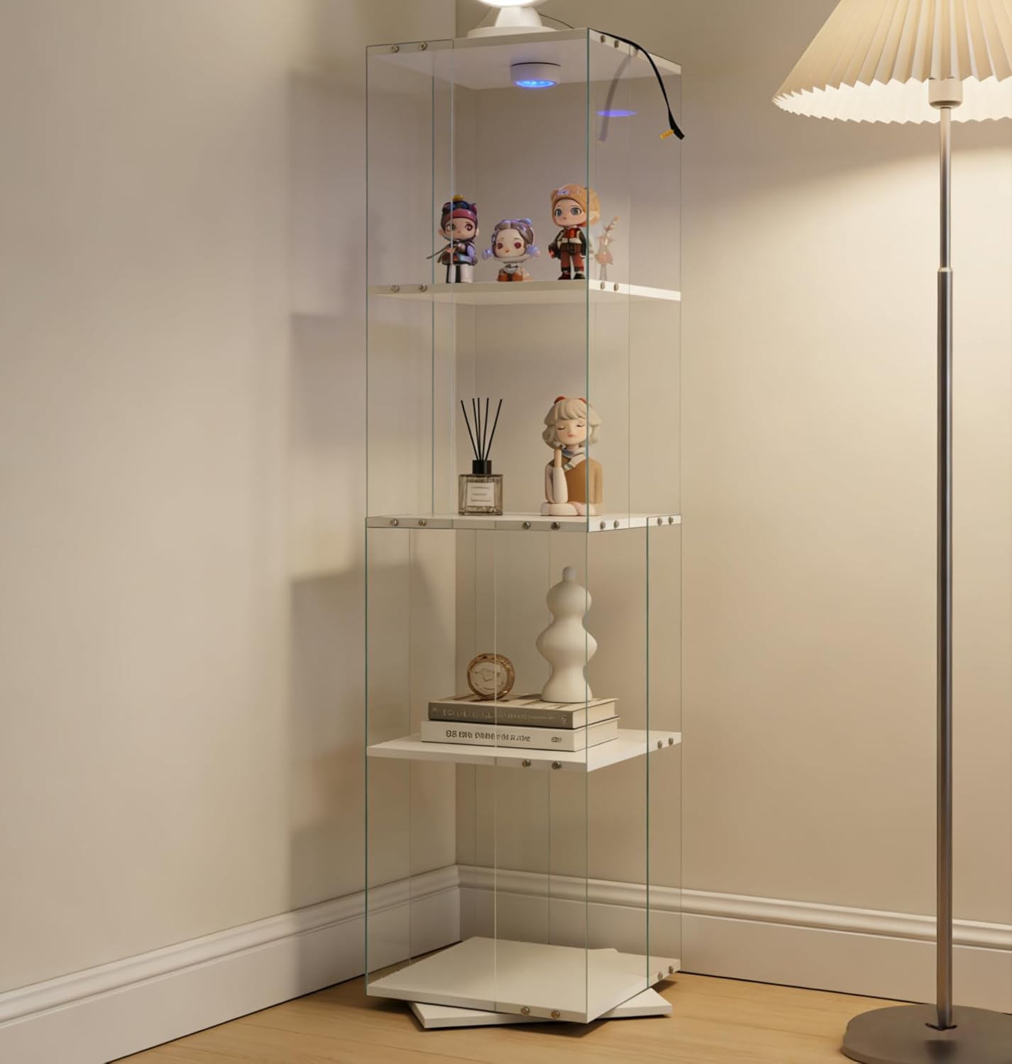 QIHAI Tempered Glass Display Cabinet with Doors, Curio Cabinet with Lights,Rotatable 4 Tier Glass Display Case for Living Room,Dining Room,Corridor,Office (White, 4-Tier)