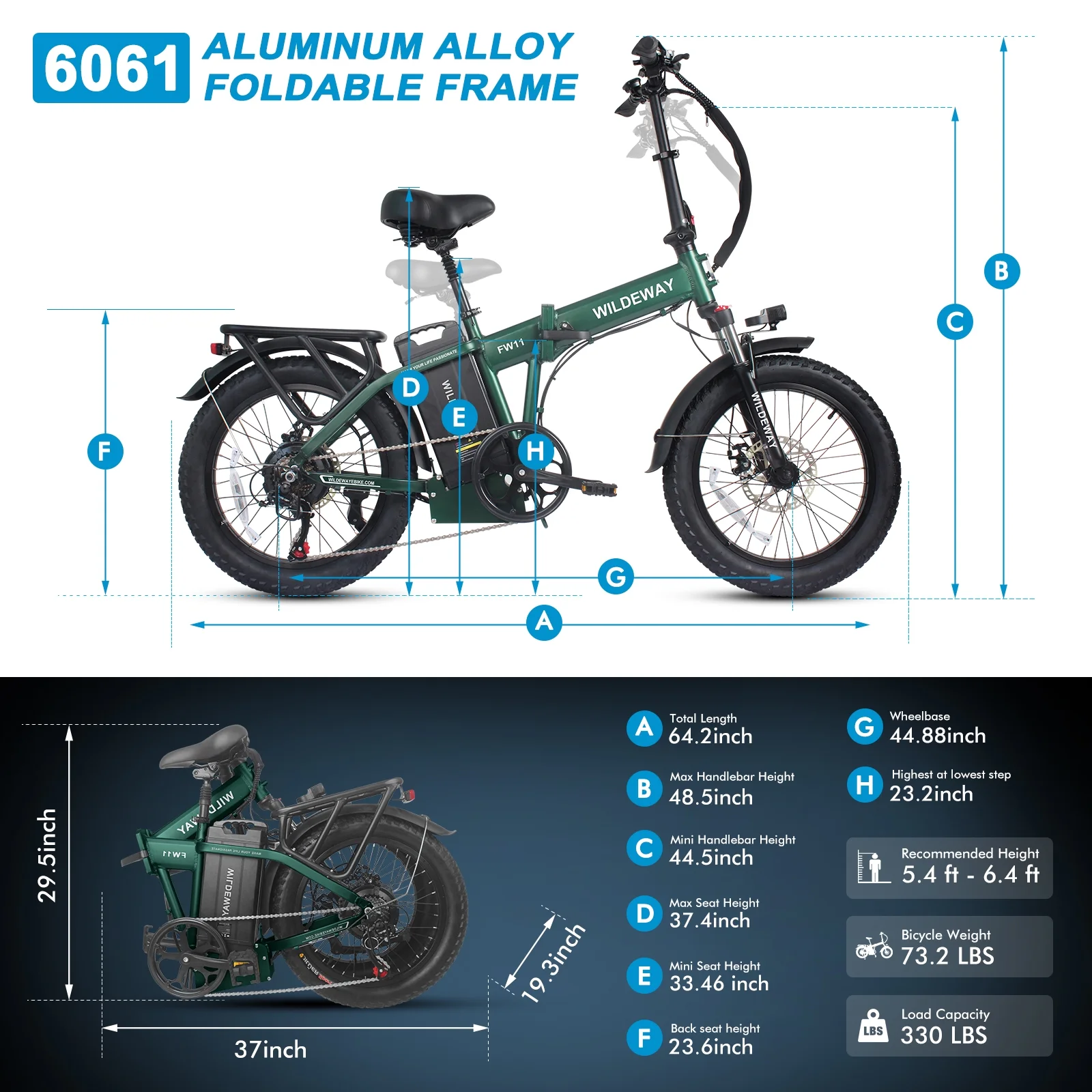 Wildeway 20in Folding Electric Bike, 750W, 48V 32Ah, Hydraulic Brakes