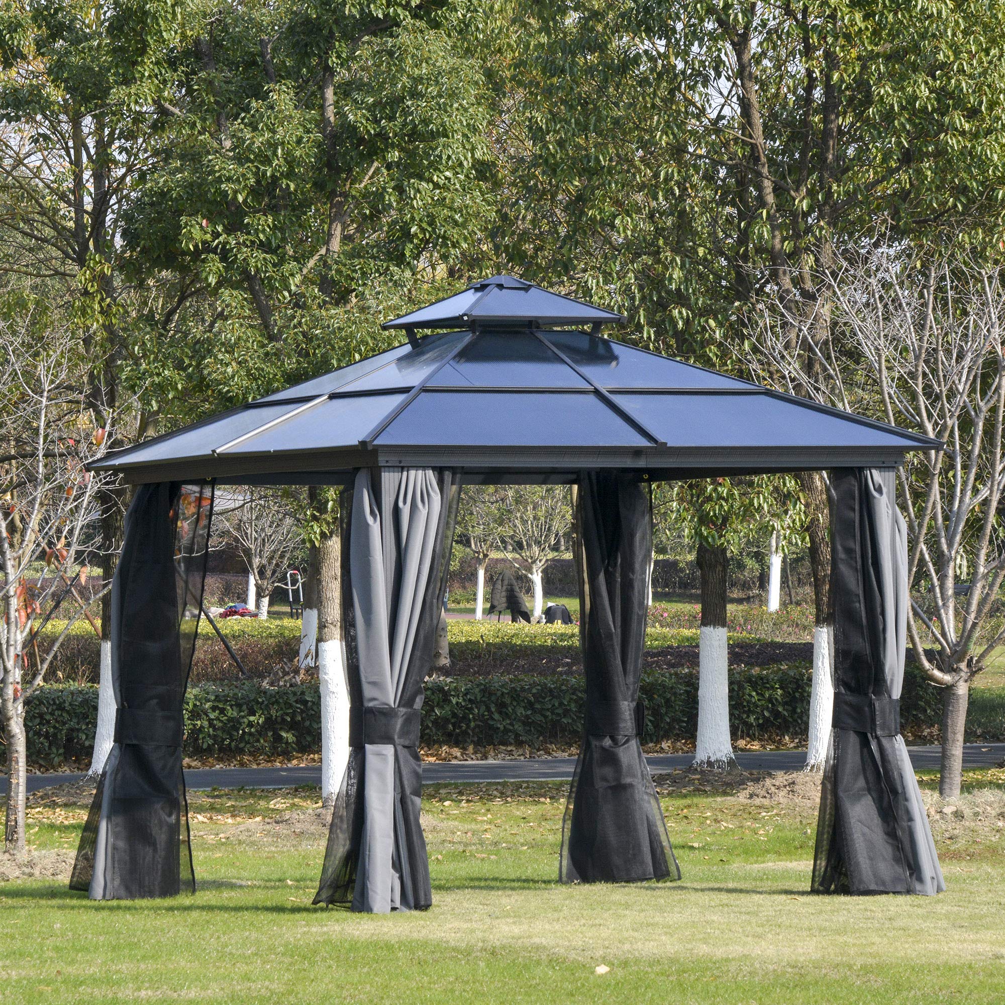 Hardtop Gazebo Canopy Double Tier Roof Frame with Curtains