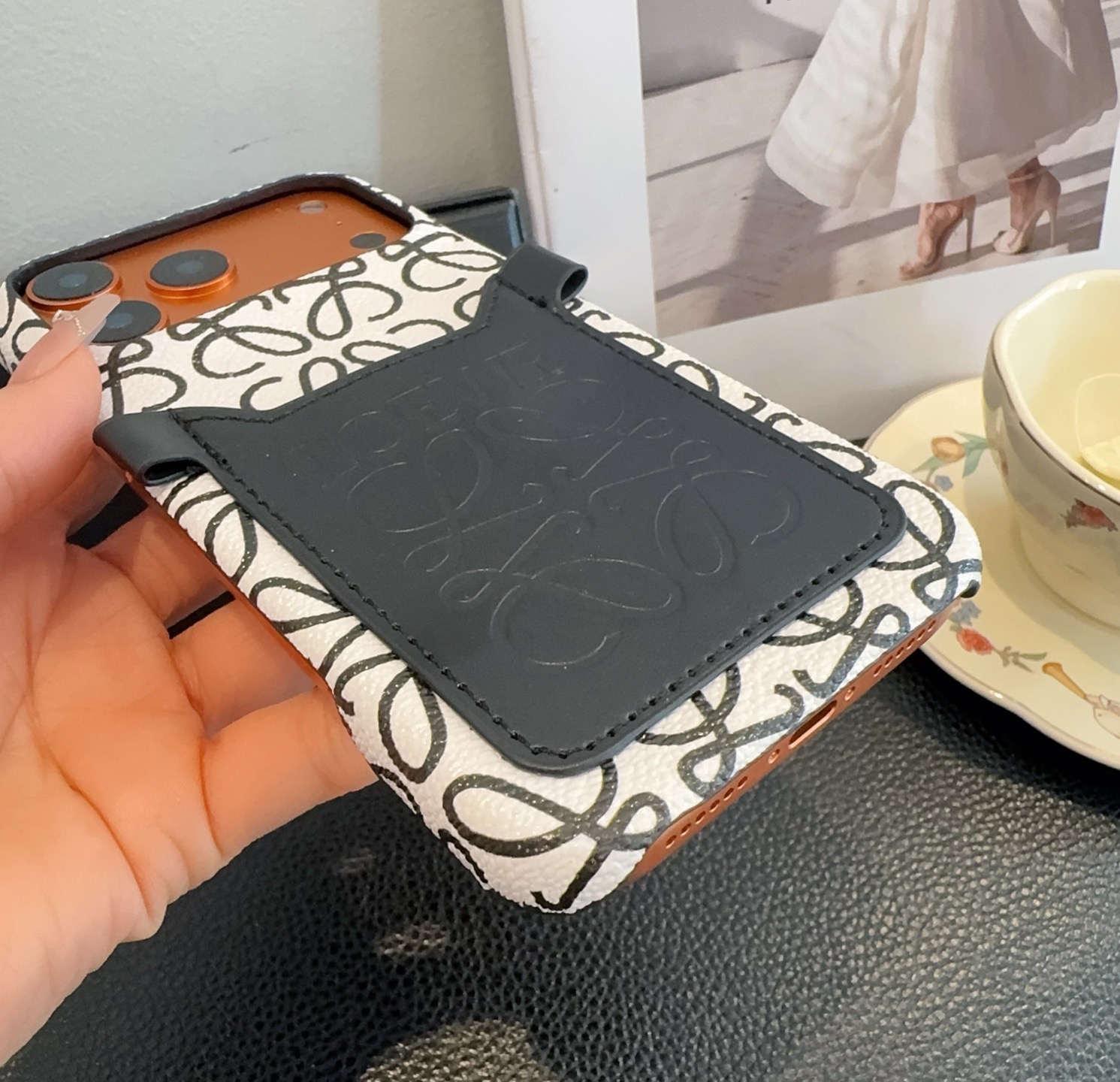 Loewe Style Anagram Embossed Card Holder Crossbody Phone Case