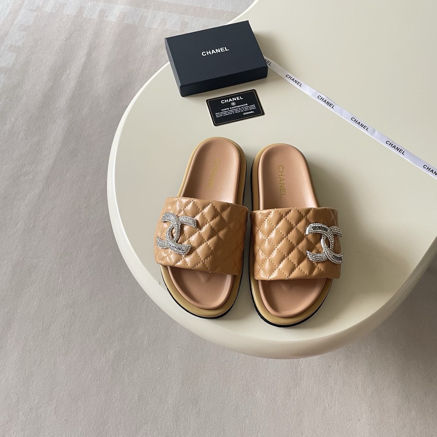 Chanel Embroidered Logo Strap Slides - Burgundy & Tan
