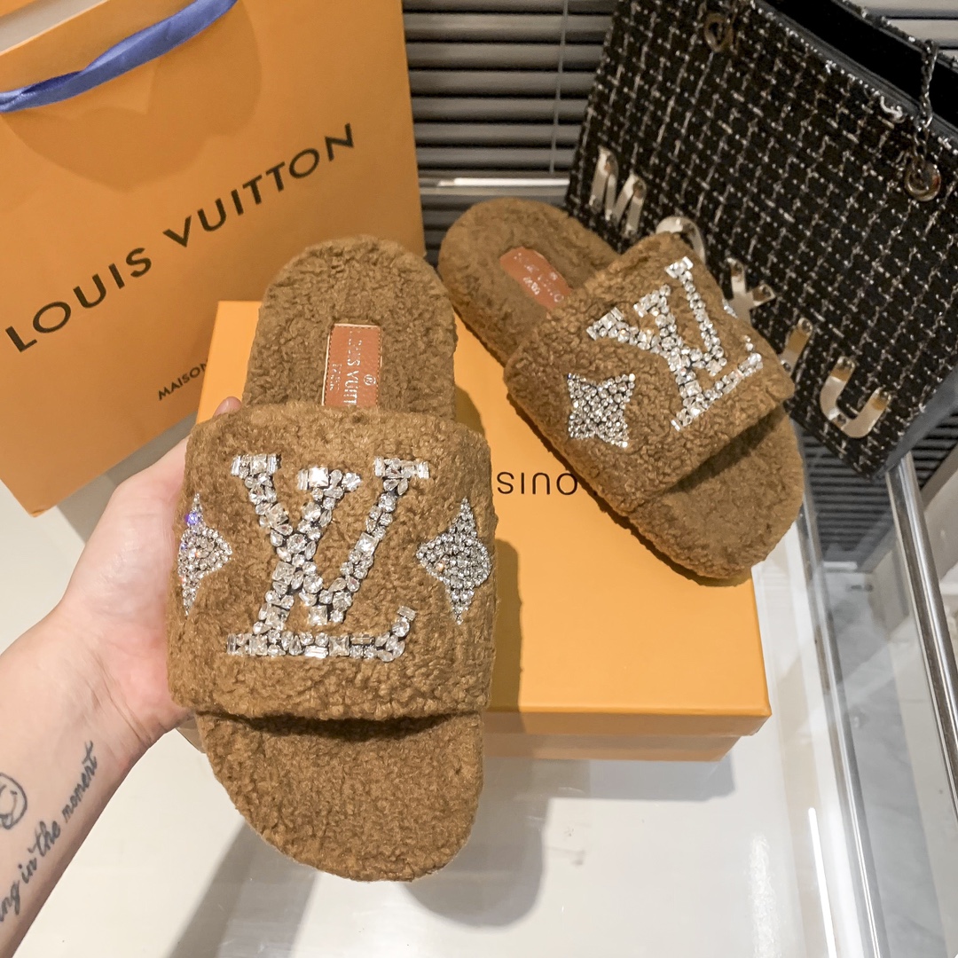 Louis Vuitton Style Shearling Slide Slippers with Crystal Strass LV Monogram