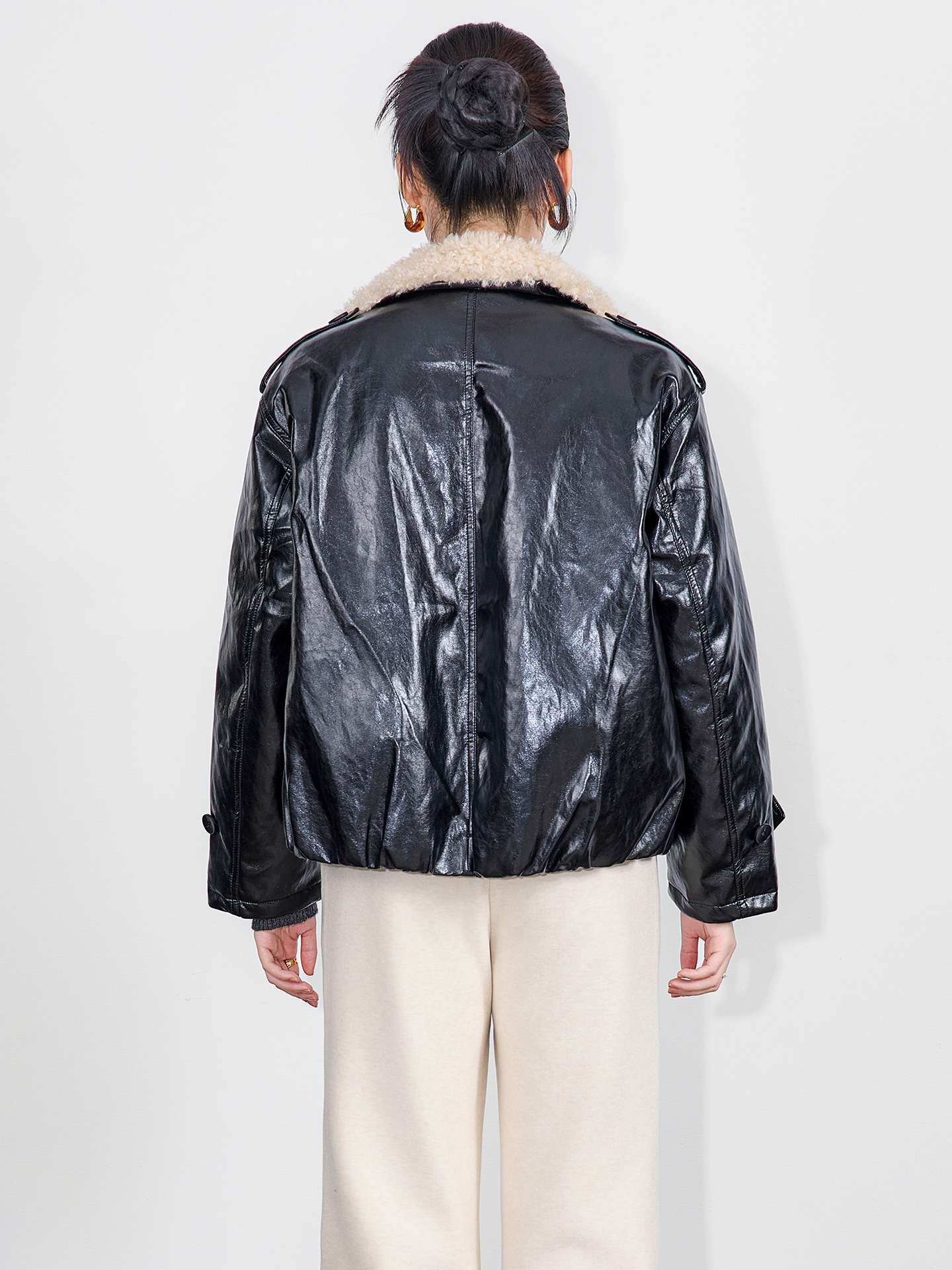 Women's Notch Lapel Protein Leather Down Jacket - White Duck Down Fill for Warm Coats