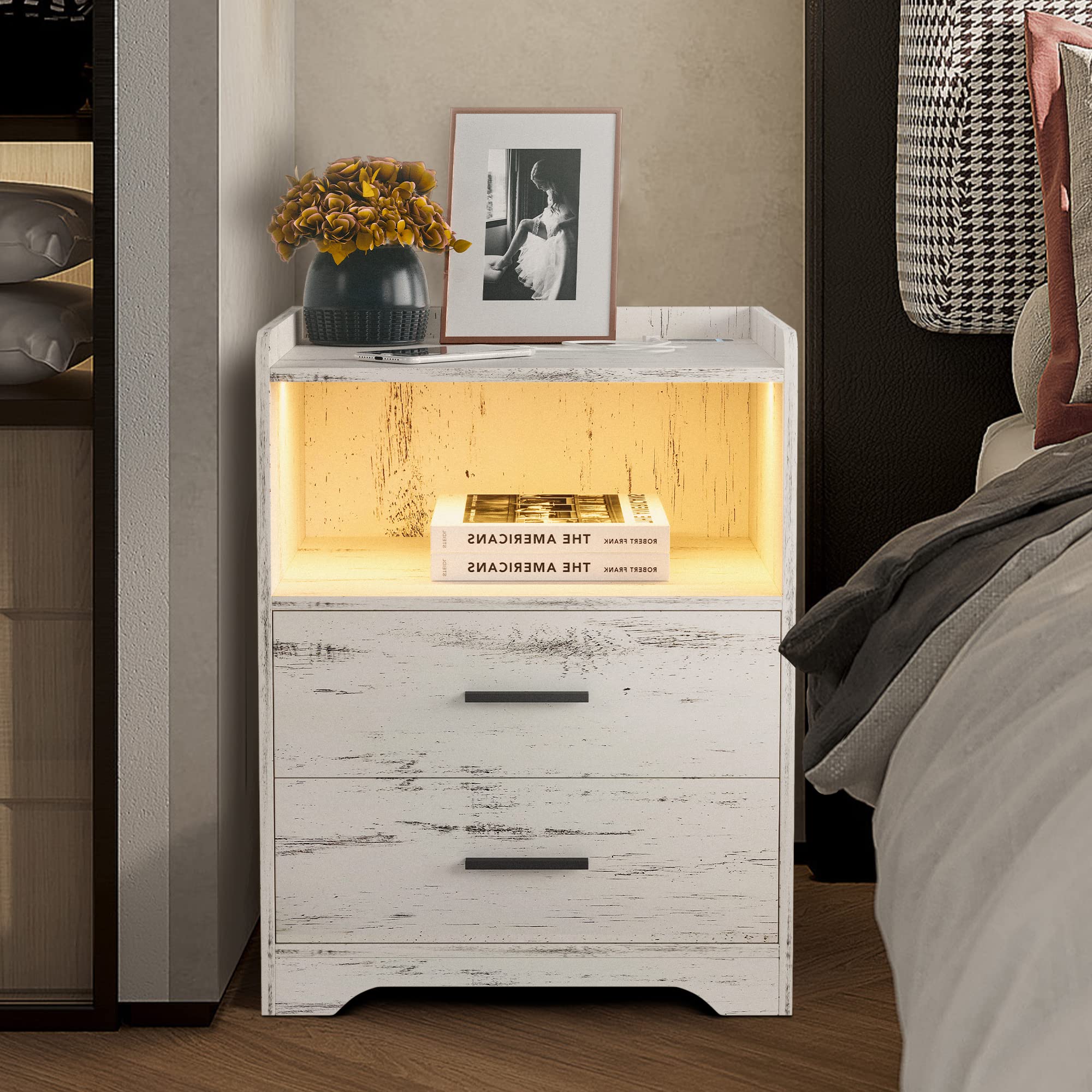 Black Nightstand with Charging Station