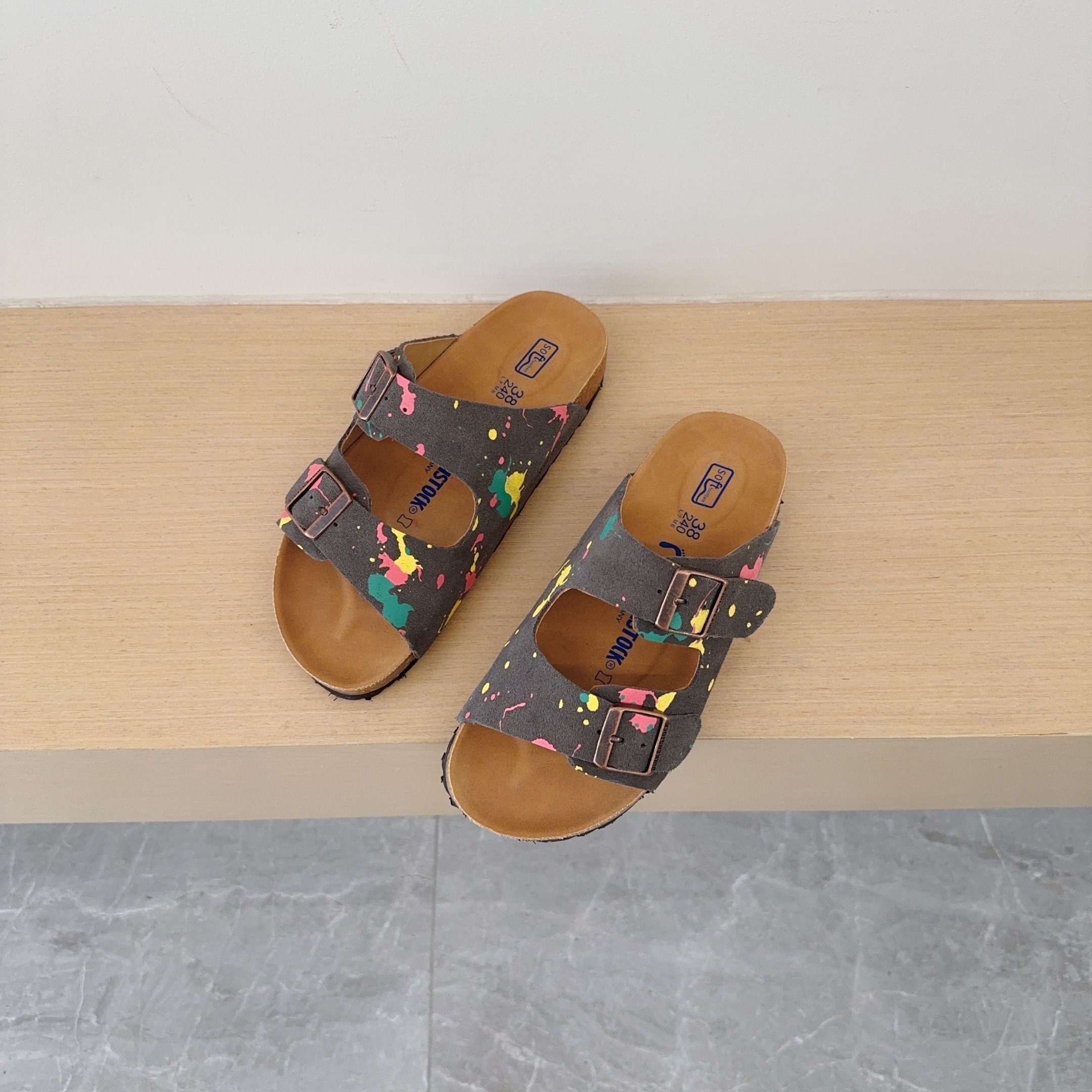 Splatter Graffiti Birken-Style Two-Strap Sandals