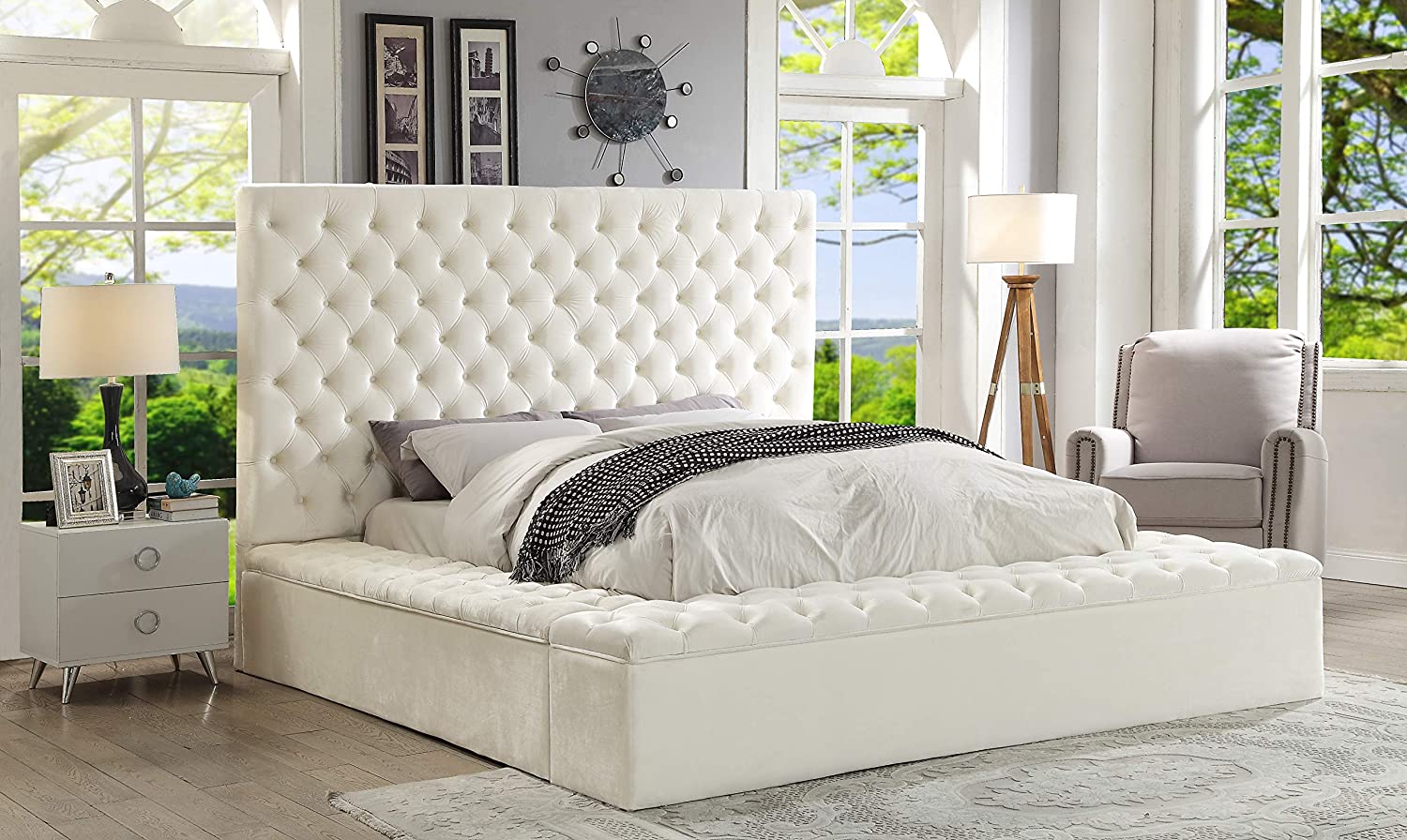Velvet Upholstered Bed with Deep Button Tufting & Storage