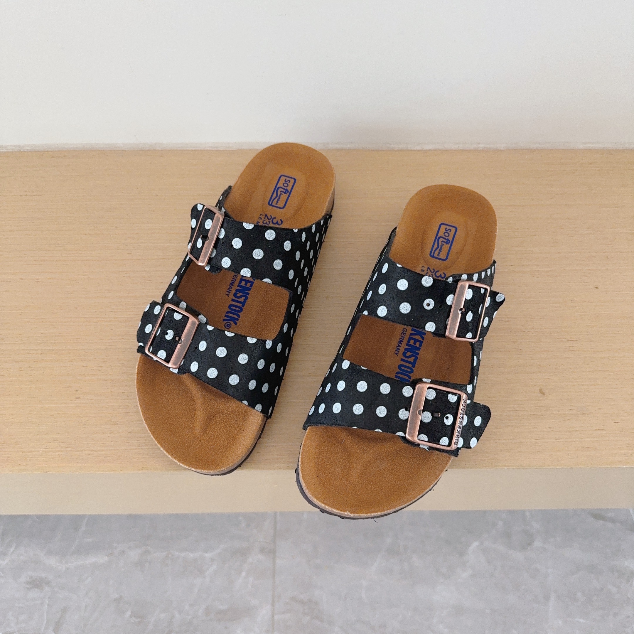 Polka Dot Birken-Style Two-Strap Sandals