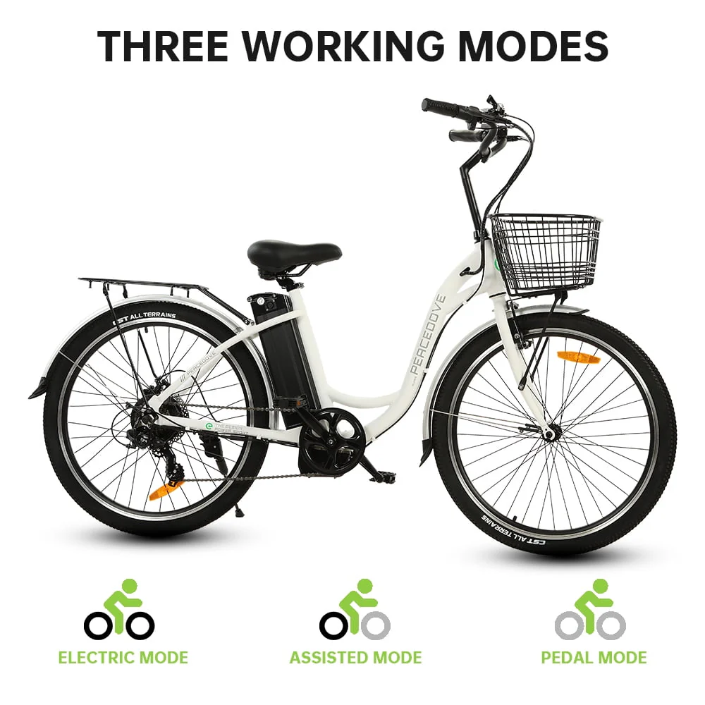 26in Step-Through Electric City Bike with Basket, 350W, 36V 10Ah, White