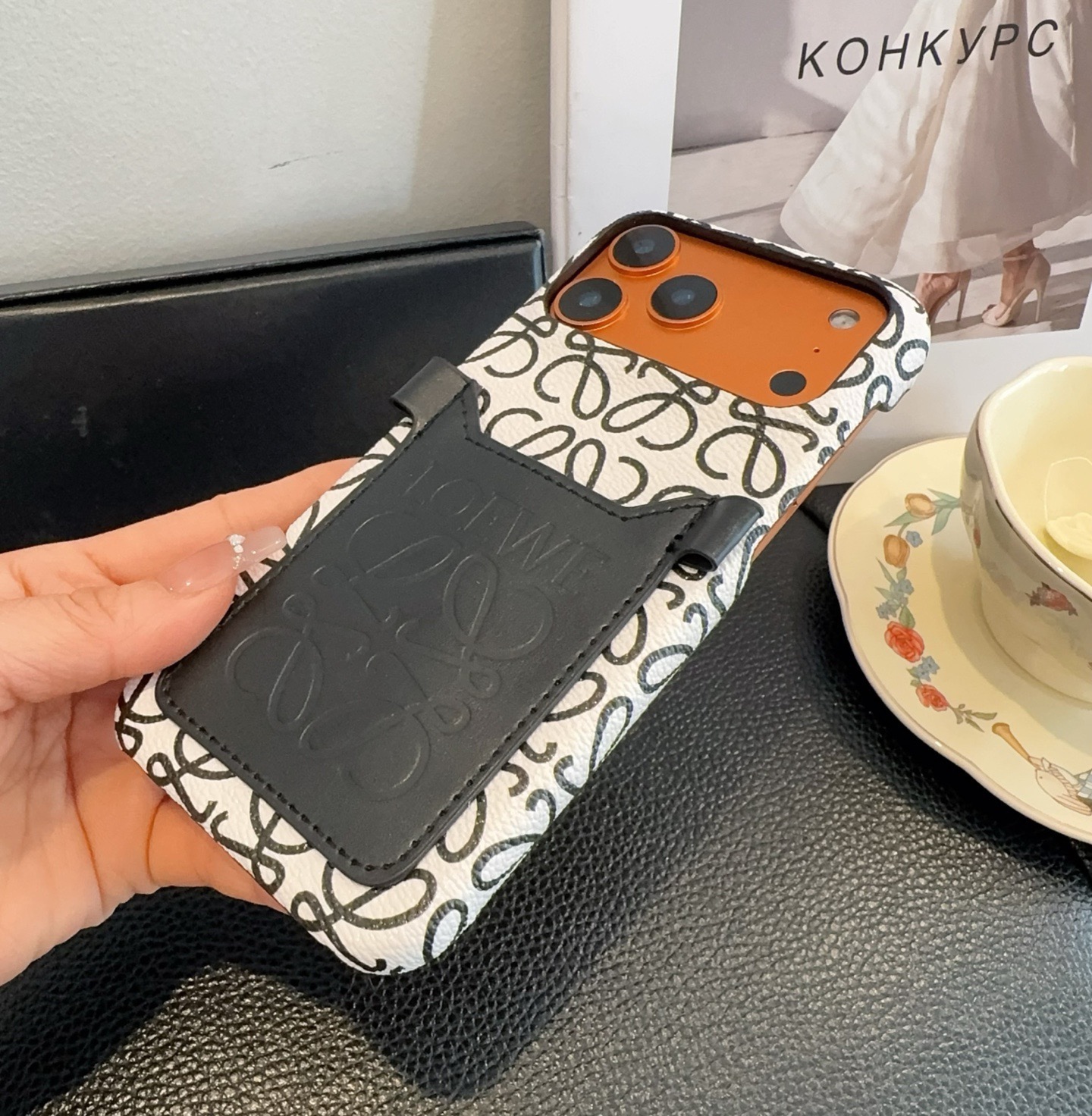 Loewe Style Anagram Embossed Card Holder Crossbody Phone Case