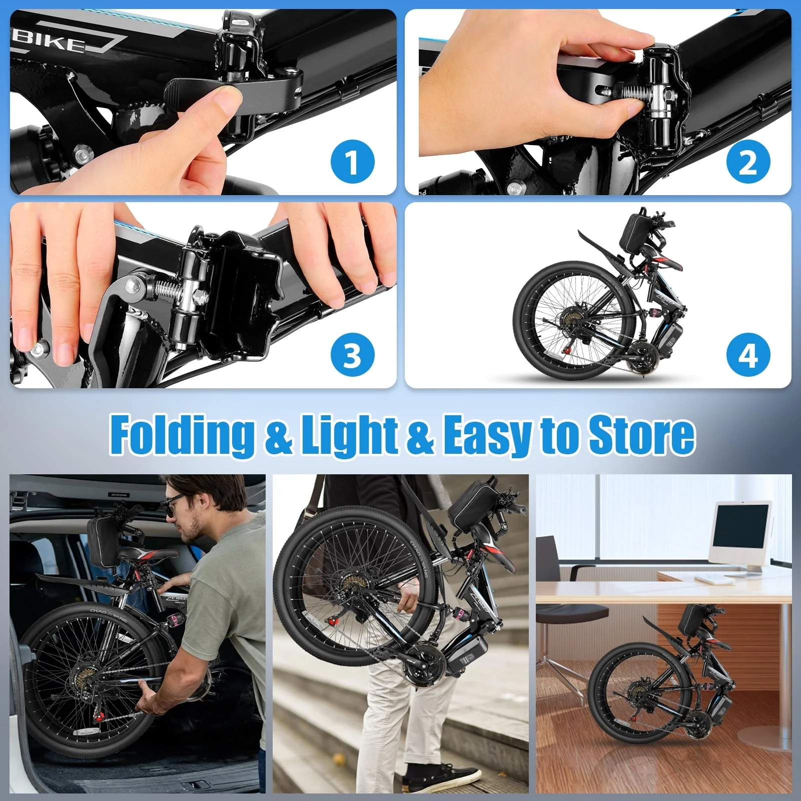 Elifine 26in Folding Electric Mountain Bike, 500W, 48V 7.8Ah