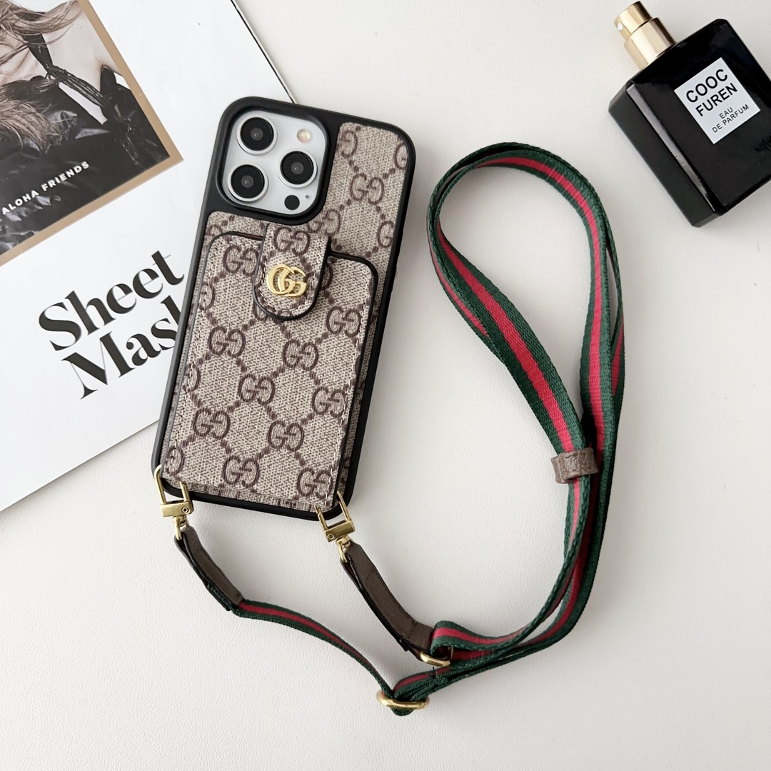 Designer Monogram Card Holder Phone Case with LV & GG Metal Buckle