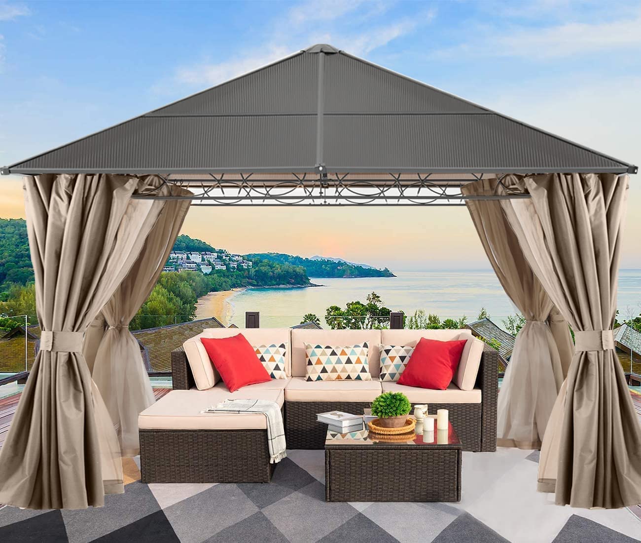 Double Roof Hardtop Patio Gazebo Canopy Frame with Netting