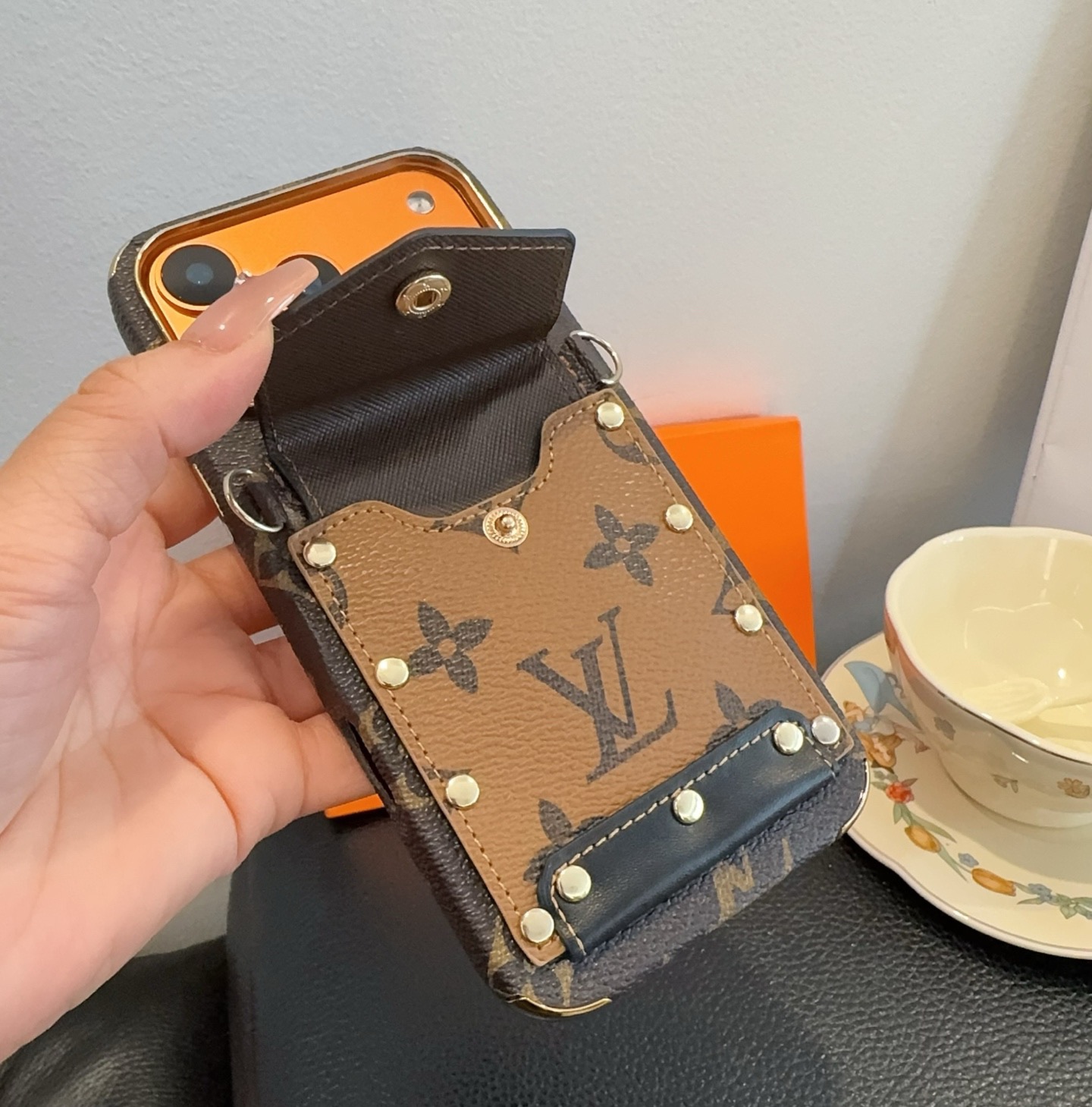 Louis Vuitton Style Monogram Card Holder Crossbody Phone Case With Rivet Detail