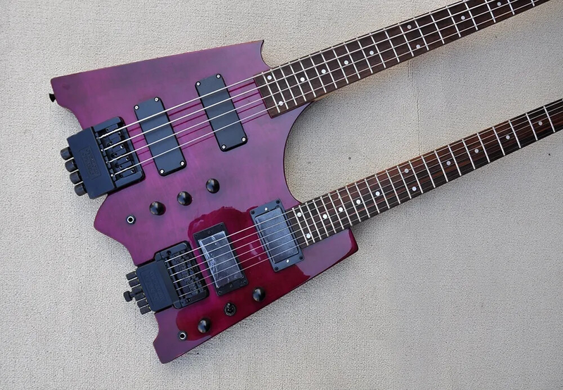 Purple 4+6 Strings Headless Double Neck Electric Guitar Flame Maple Veneer Top