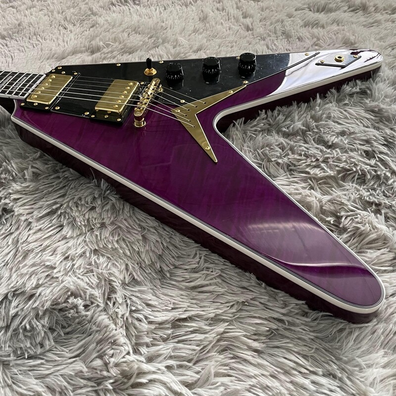 Flying V Electric Guitar Solid Purple Flamed Maple Top Gold Hardware H-H Pickups