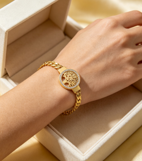 Luxury Gold Tree of Life Crystal Bracelet Watch Women Elegant Stainless Steel Dress Wrist Jewelry Watch