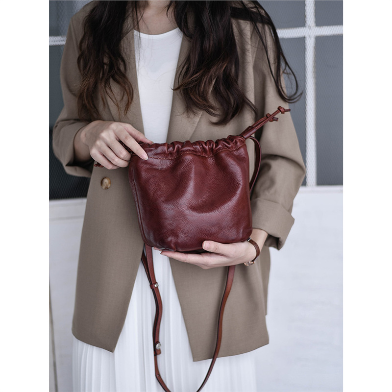 Soft Leather Drawstring Bucket Bag