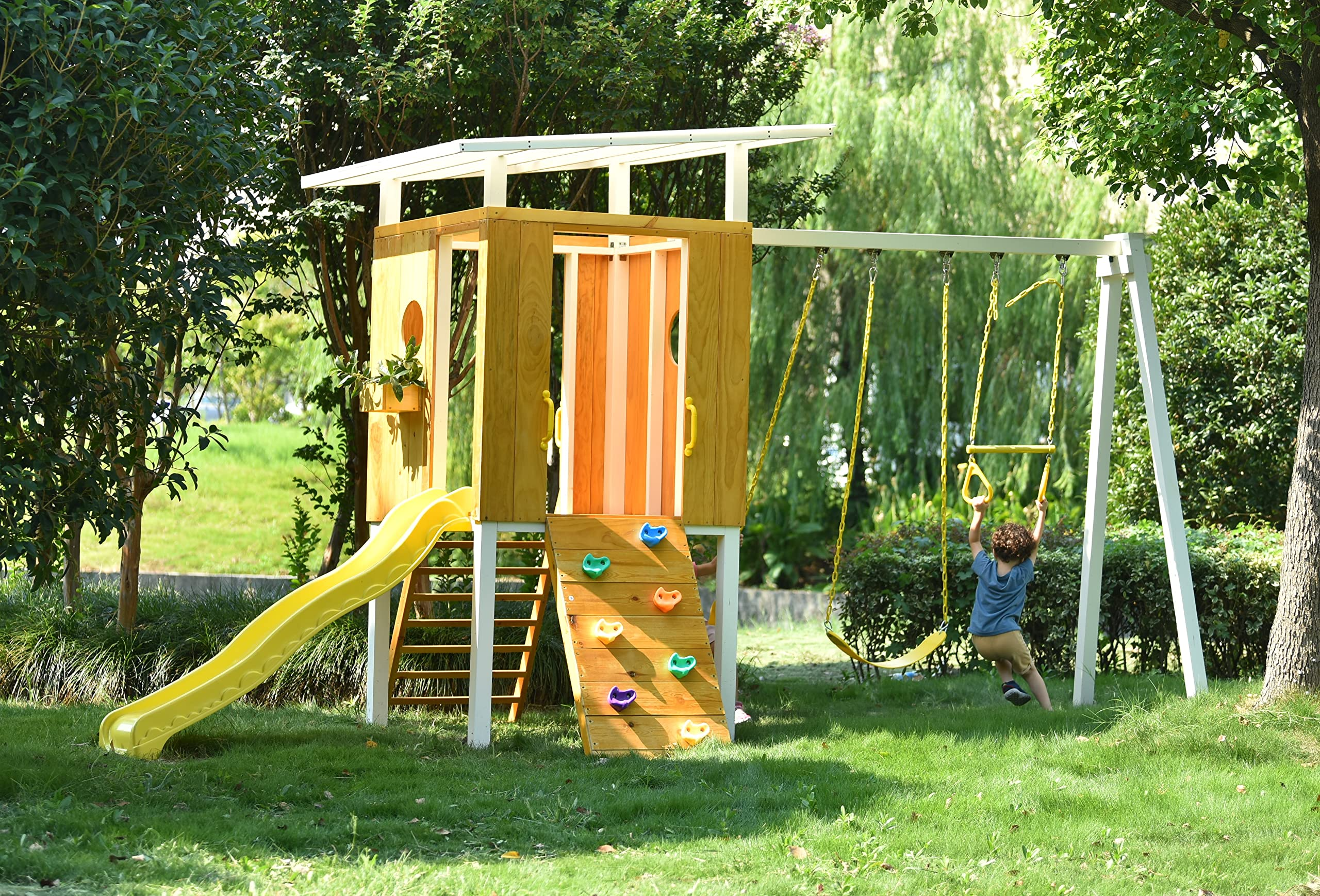 Modern Backyard Swing Set Children's Rock Climbing Wood