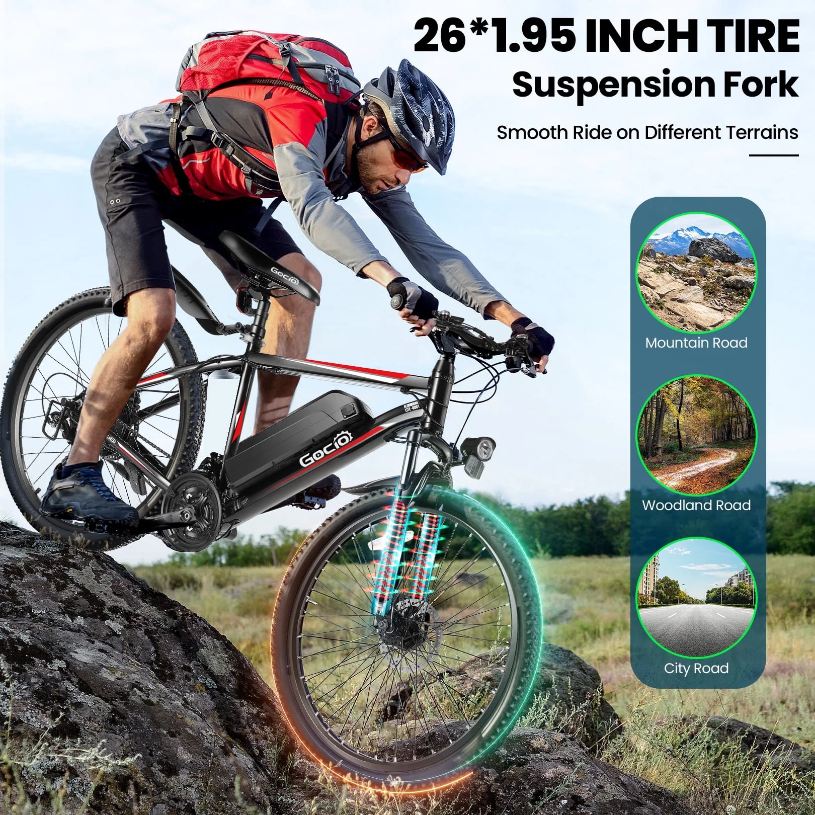 Gocio 26in Electric Mountain Bike, 500W, 48V 375Wh, 21-Speed