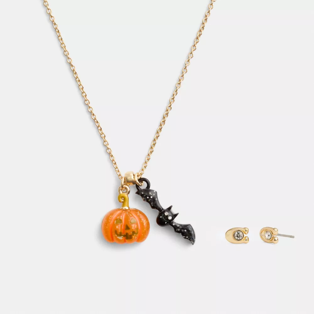 Pumpkin And Bat Pendant Necklace Set