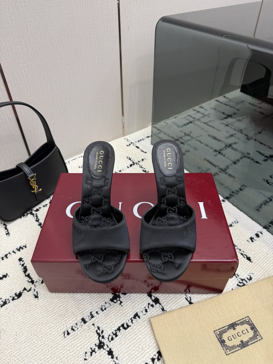 Gucci GG‑Embroidered Satin High‑Heel Slide Mules