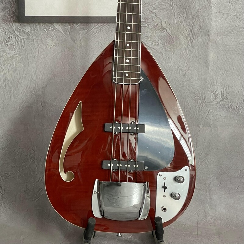 4 Strings Brown Electric Bass Semi-Hollow Body Drop Shape Rosewood Fretboard 21F