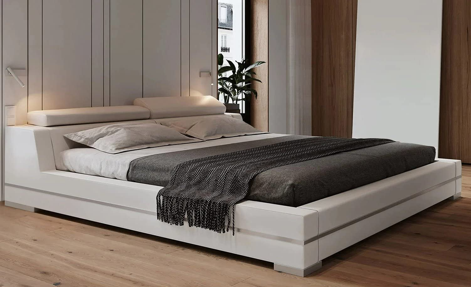 Hera Genuine White Leather Platform Bed with Adjustable Headrests