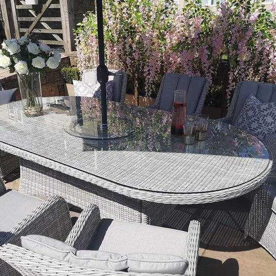 Malibu 8 Seat Oval Rattan Dining Set in Light Grey