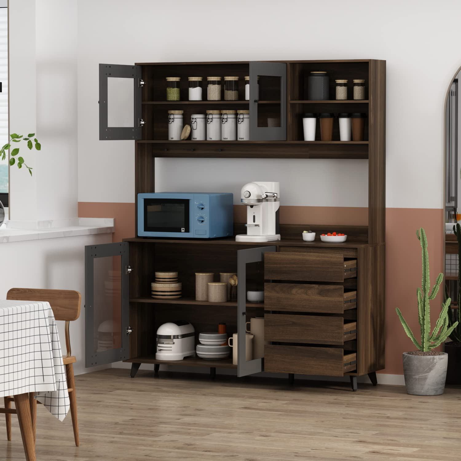 Freestanding Kitchen Pantry Storage Cabinet with Glass Doors
