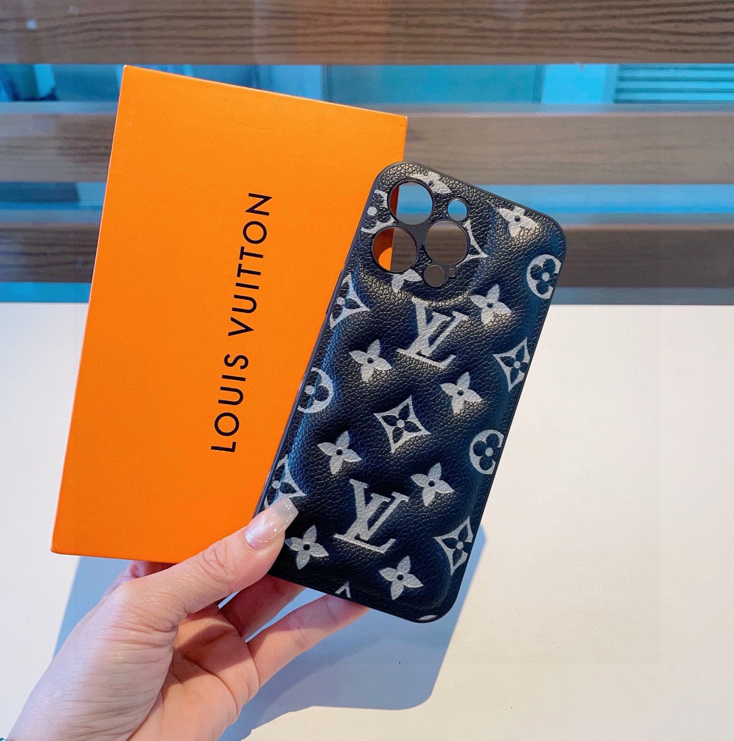 Louis Vuitton Black Monogram Embossed Leather Padded Shockproof Phone Case