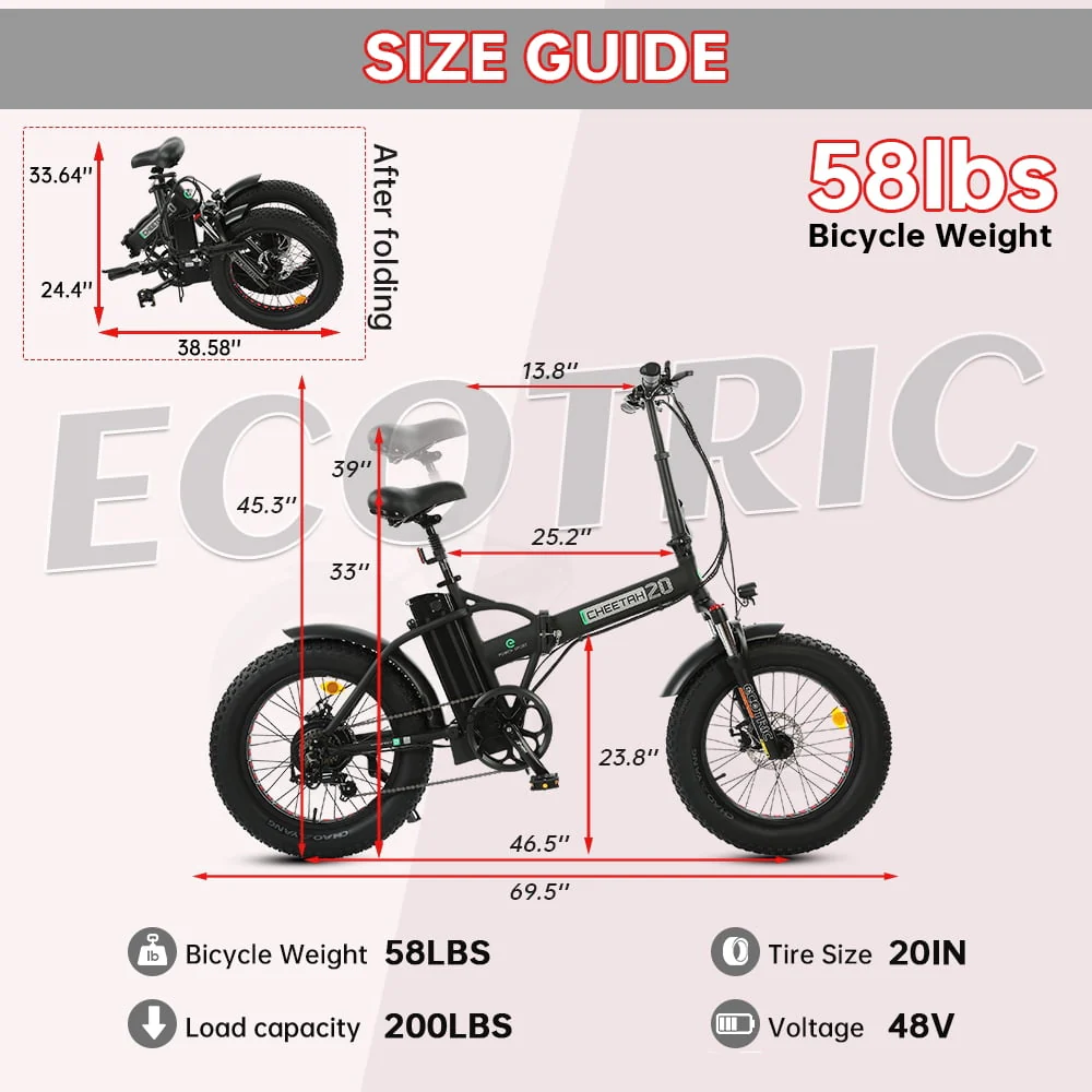 ECOTRIC 20in Folding Fat Tire Electric Bike, 500W, 48V, Black