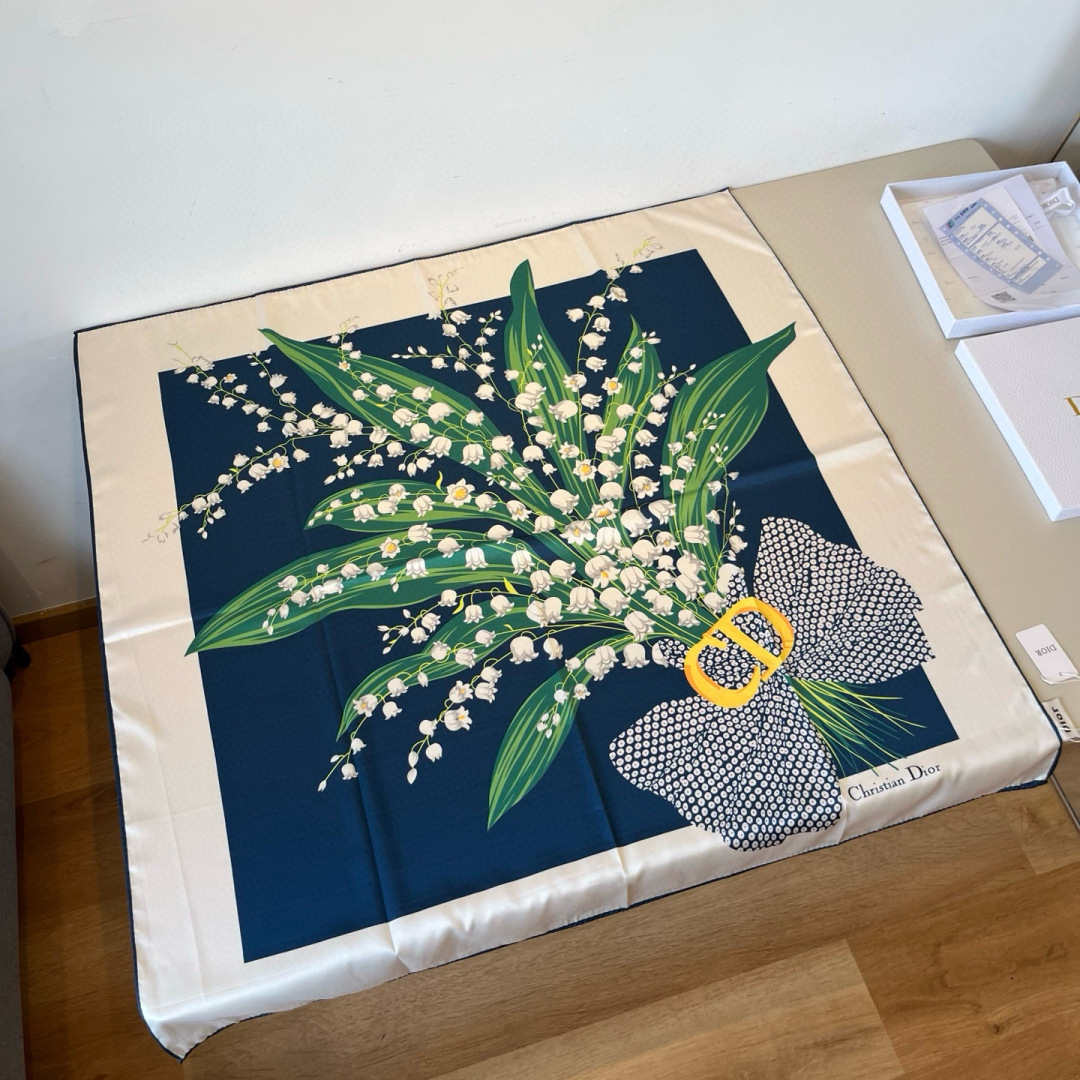 Dior Botanical Print Silk Square Scarf Pink and Navy 90 x 90 cm
