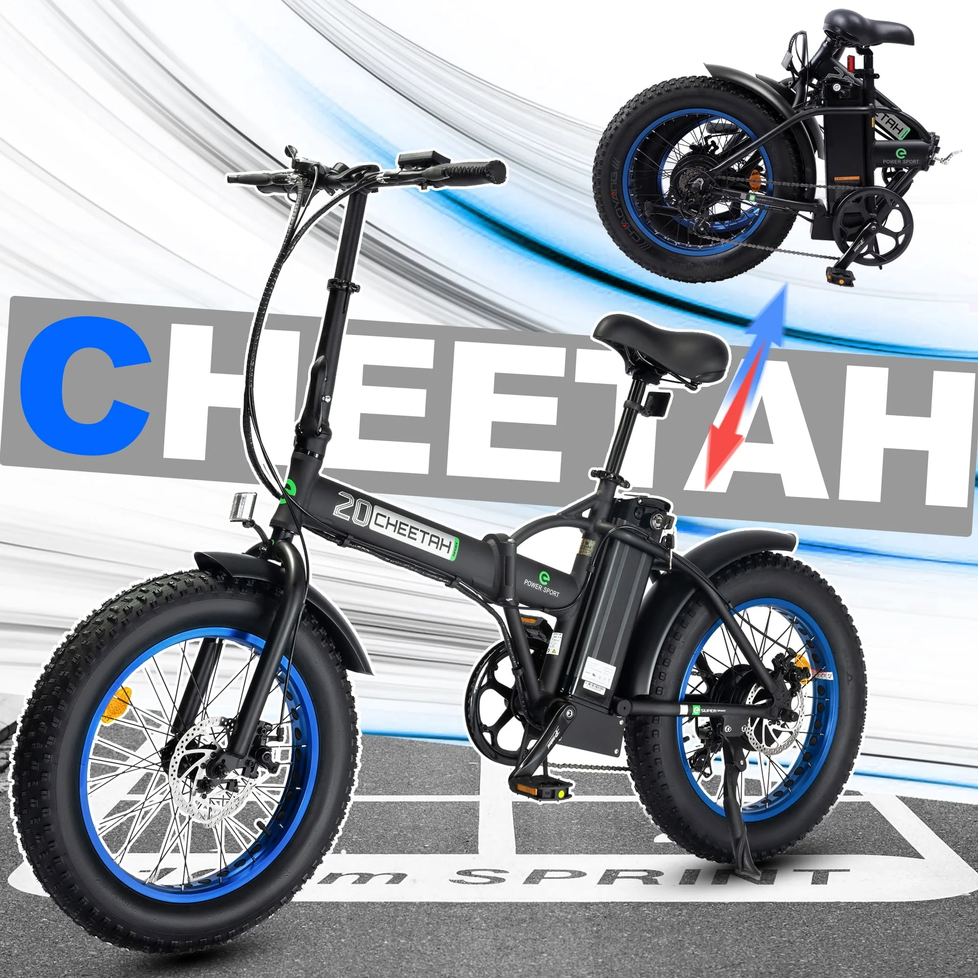 ECOTRIC 20in Folding Fat Tire Electric Bike, 500W, 36V 12Ah, Black/Blue