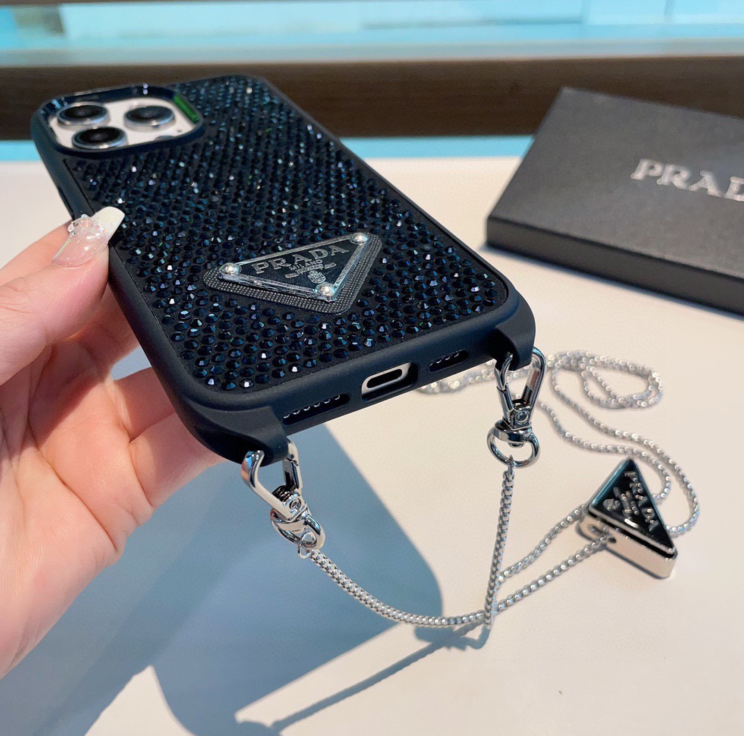 Prada Style Full Diamond Glitter Phone Case With Crossbody Chain Strap