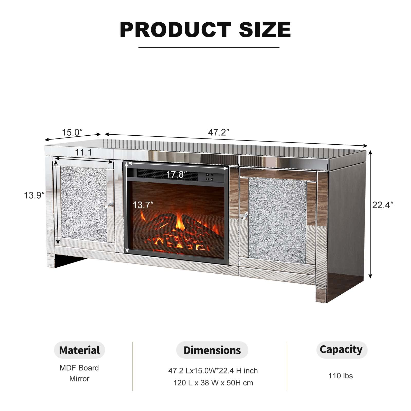 Mirrored Fireplace TV Stand