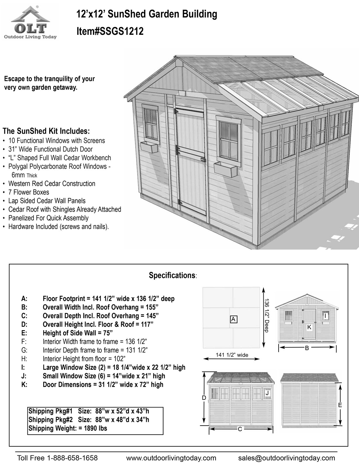 12x12 ft Cedar Wood Sunshed Garden Shed