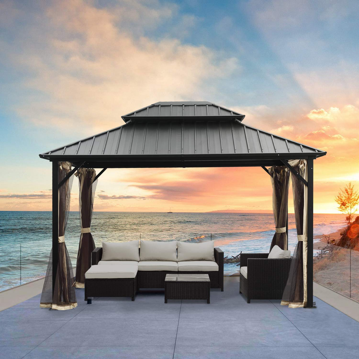 Outdoor Patio Hardtop Gazebo with Netting