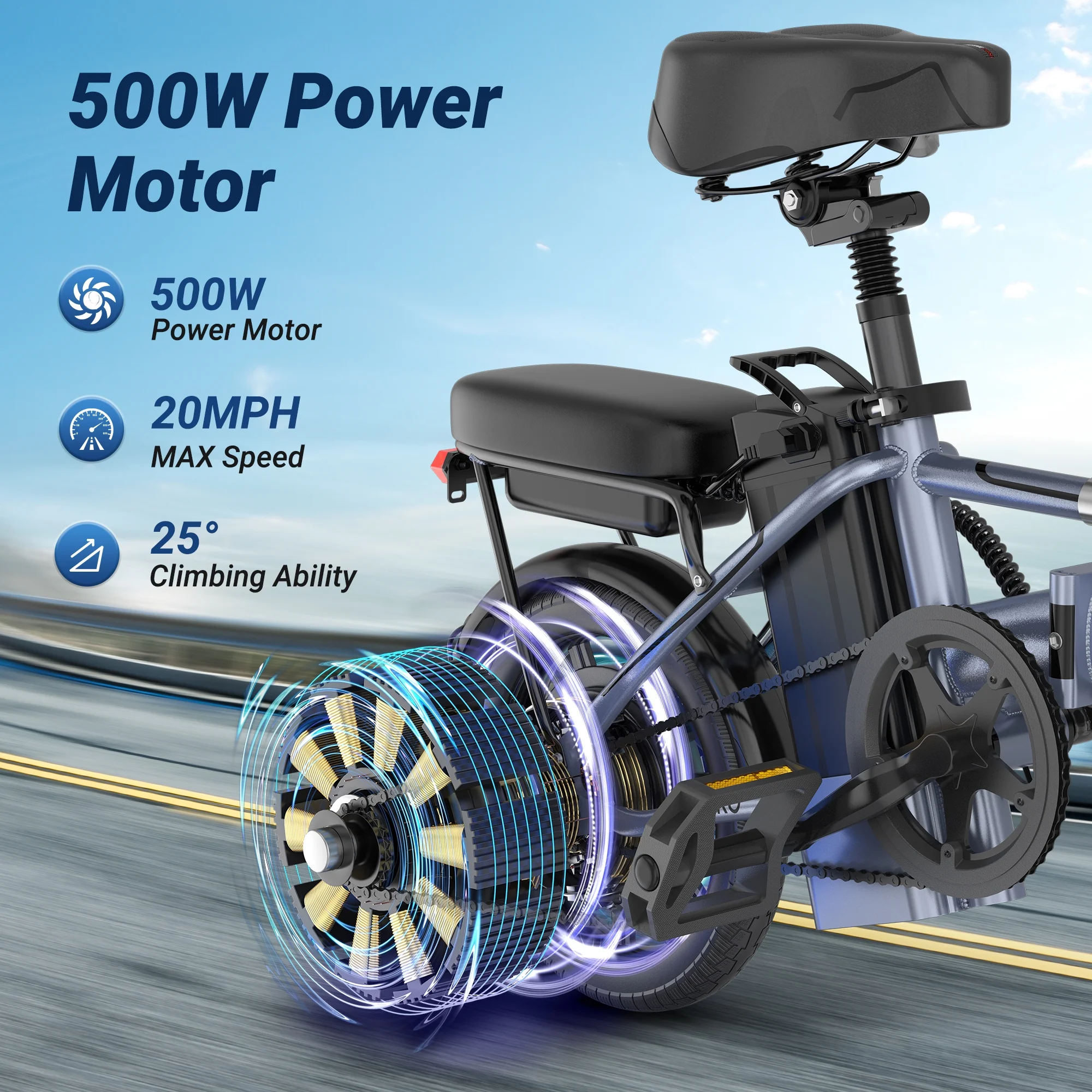AOVOPRO EB60 14in Folding Electric Bike, 500W, Two Seats