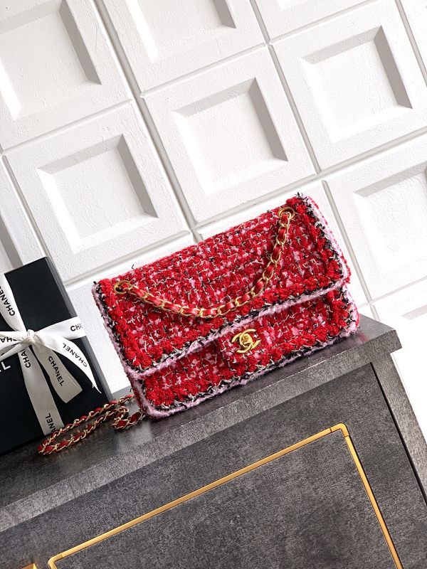 Chanel Tweed Flap Bag Red Chain