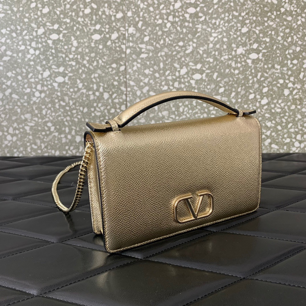 Valentino VLogo Signature Top Handle WOC Metallic Gold Grain Leather Crossbody Bag