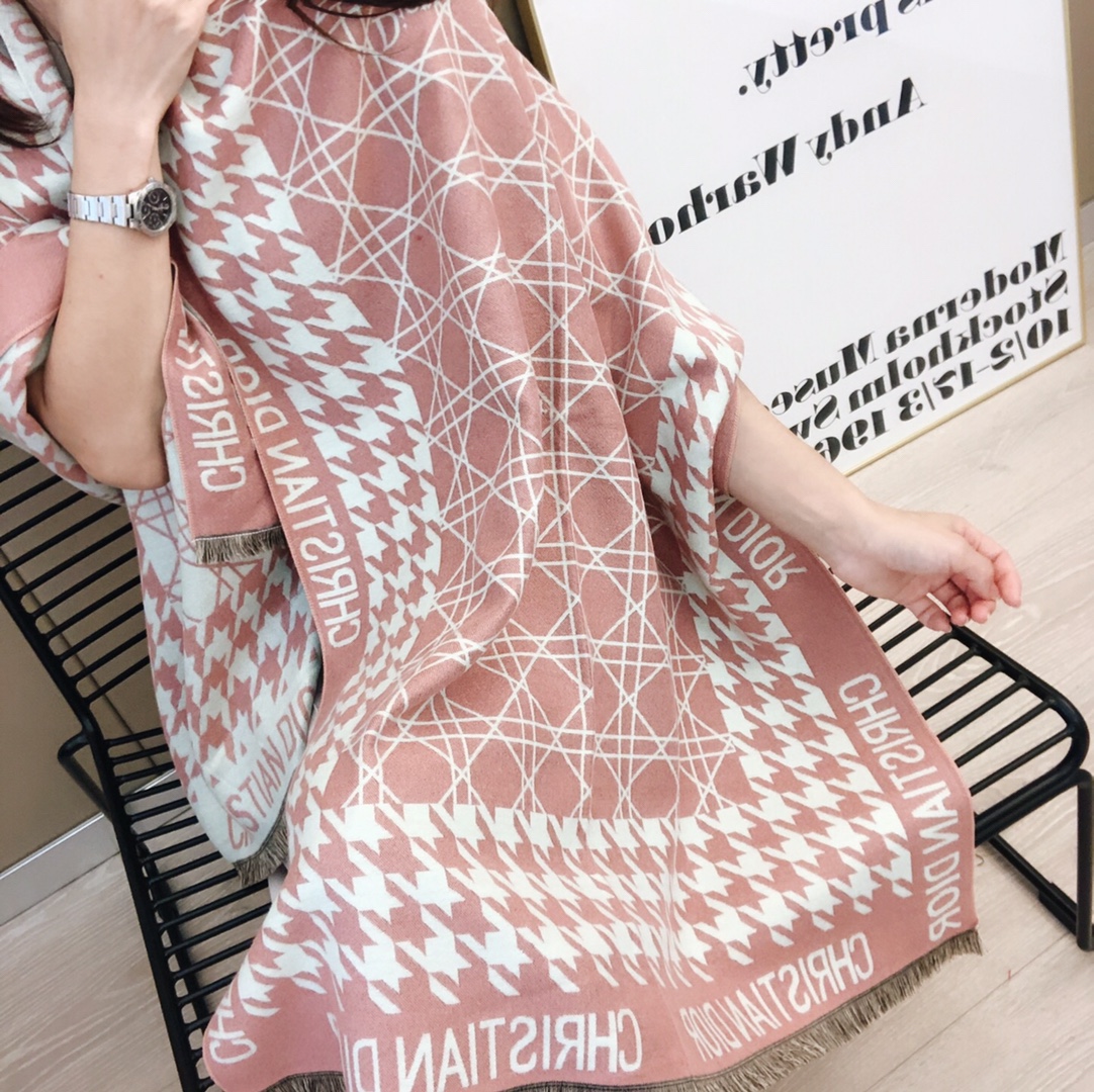 Dior Geometric Print Cashmere Scarf Navy and Pink