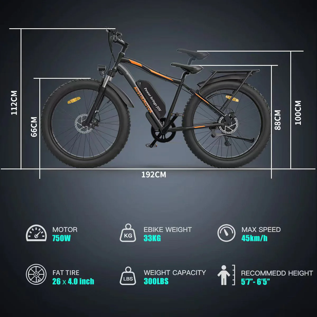 Aostirmotor 26in Fat Tire Electric Mountain Bike, 750W, Black