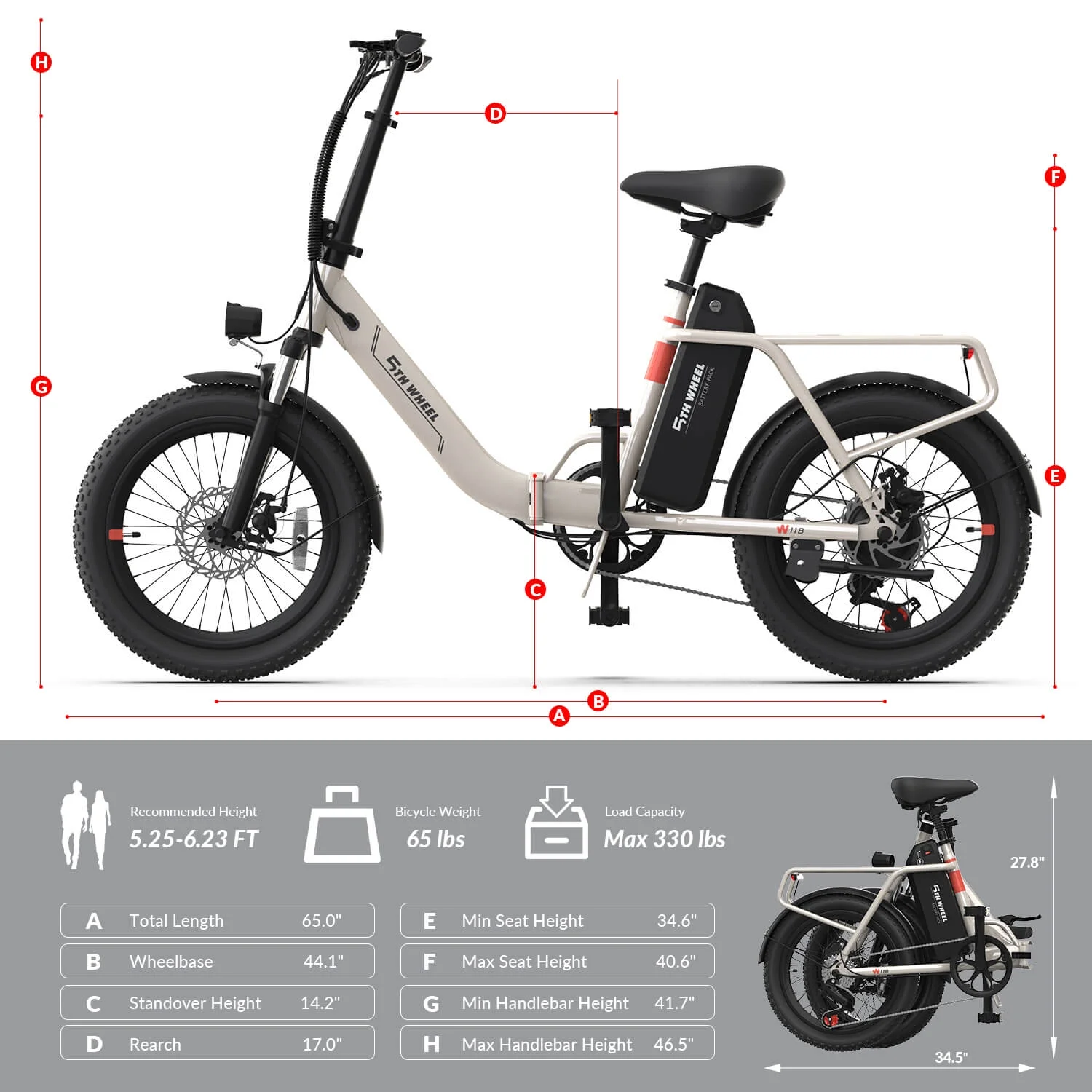 5TH WHEEL W11B-W 20in Folding Electric Bike, 500W, White