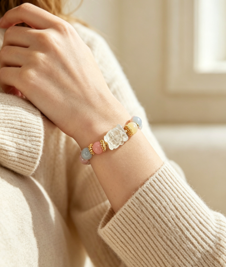 Multi‑Color Crystal Beaded Bracelet, Clear Carved Charm Natural Stone Bracelet for Women