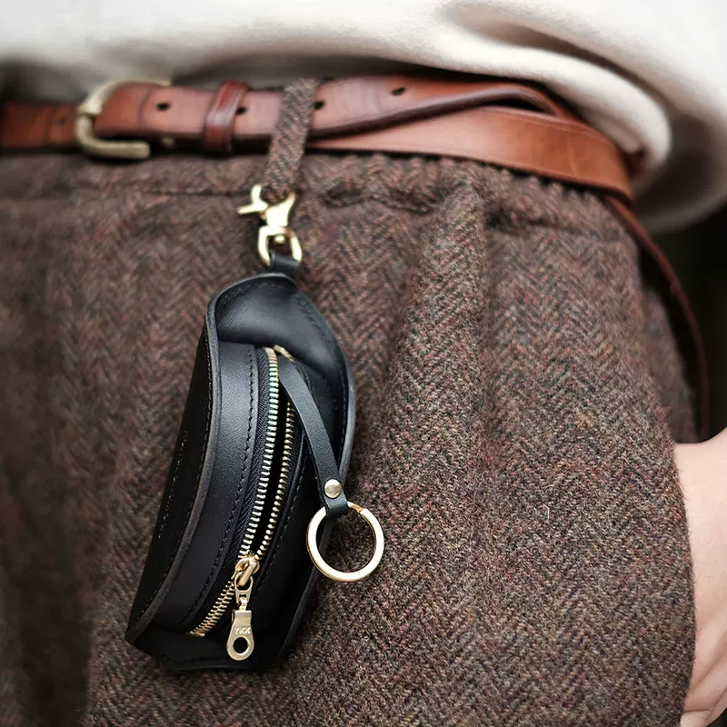 Genuine leather compact zipper key bag