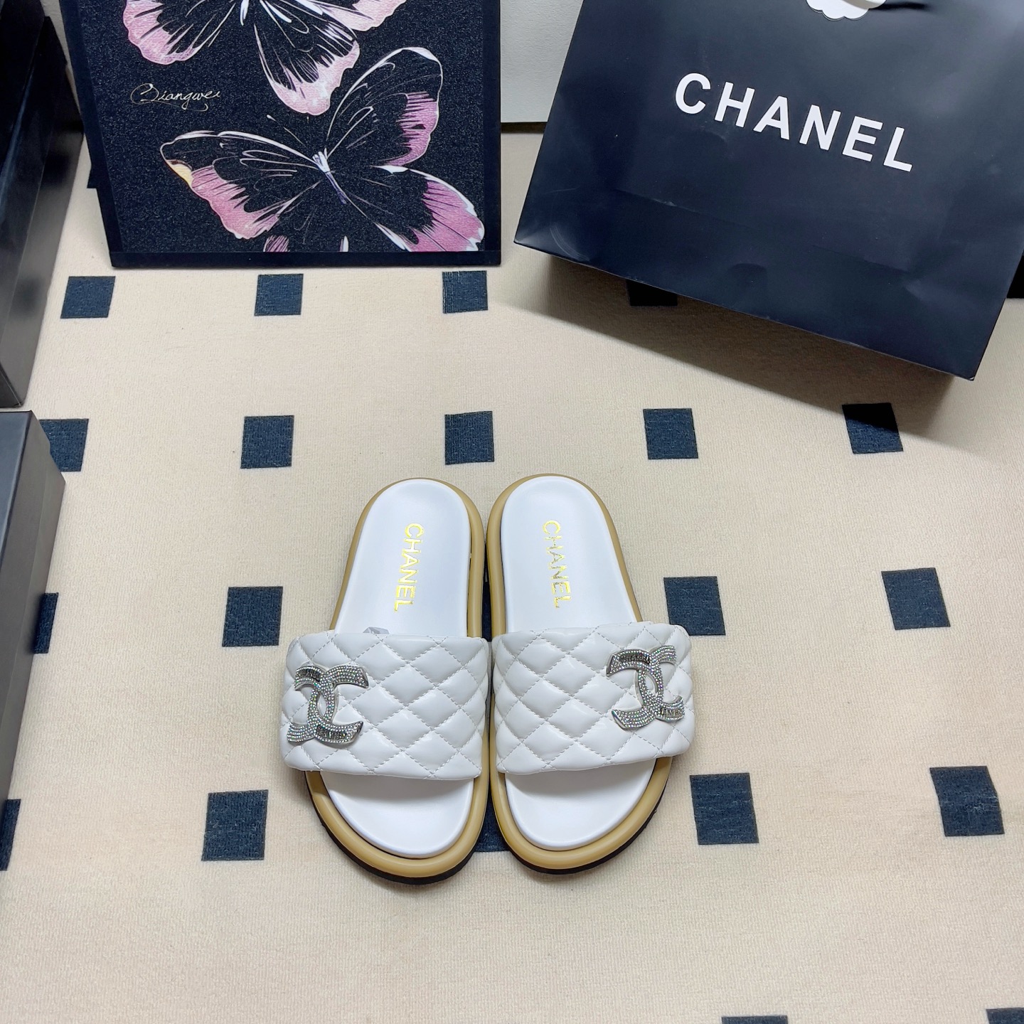 Chanel Quilted Logo Slide Sandals - Black & White