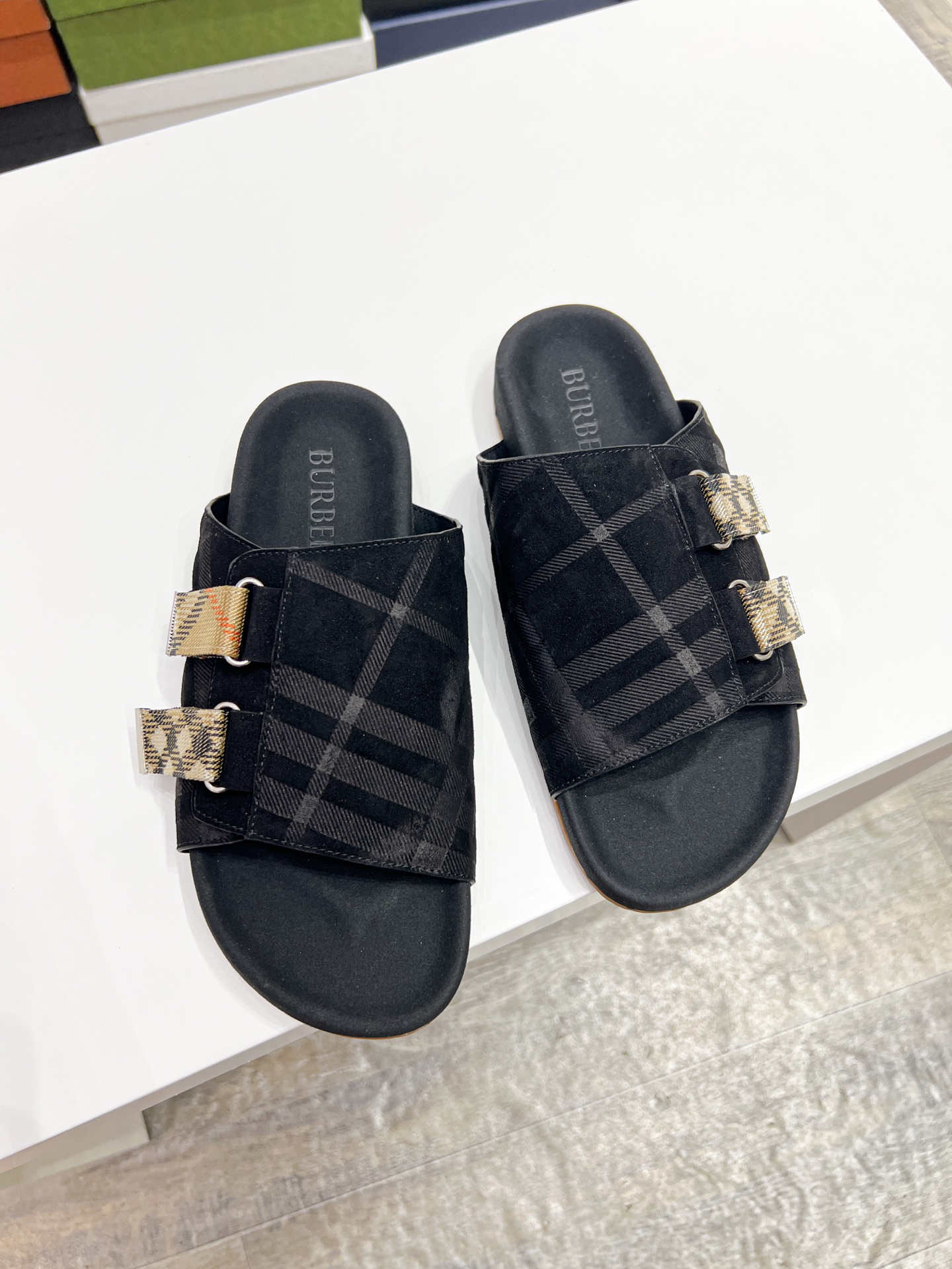 Burberry Urchin Check Suede Slide Sandals