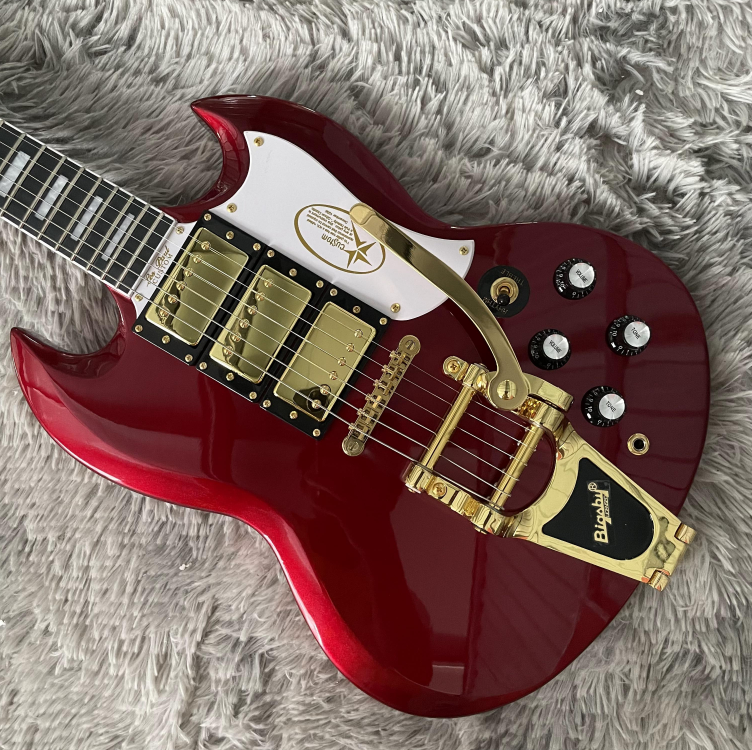 Electric Guitar Red HHH Pickups Tremolo Bridge Top Mahogany Body